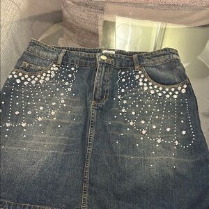 Cache Dark Blue Denim Skirt with Gold Stitching